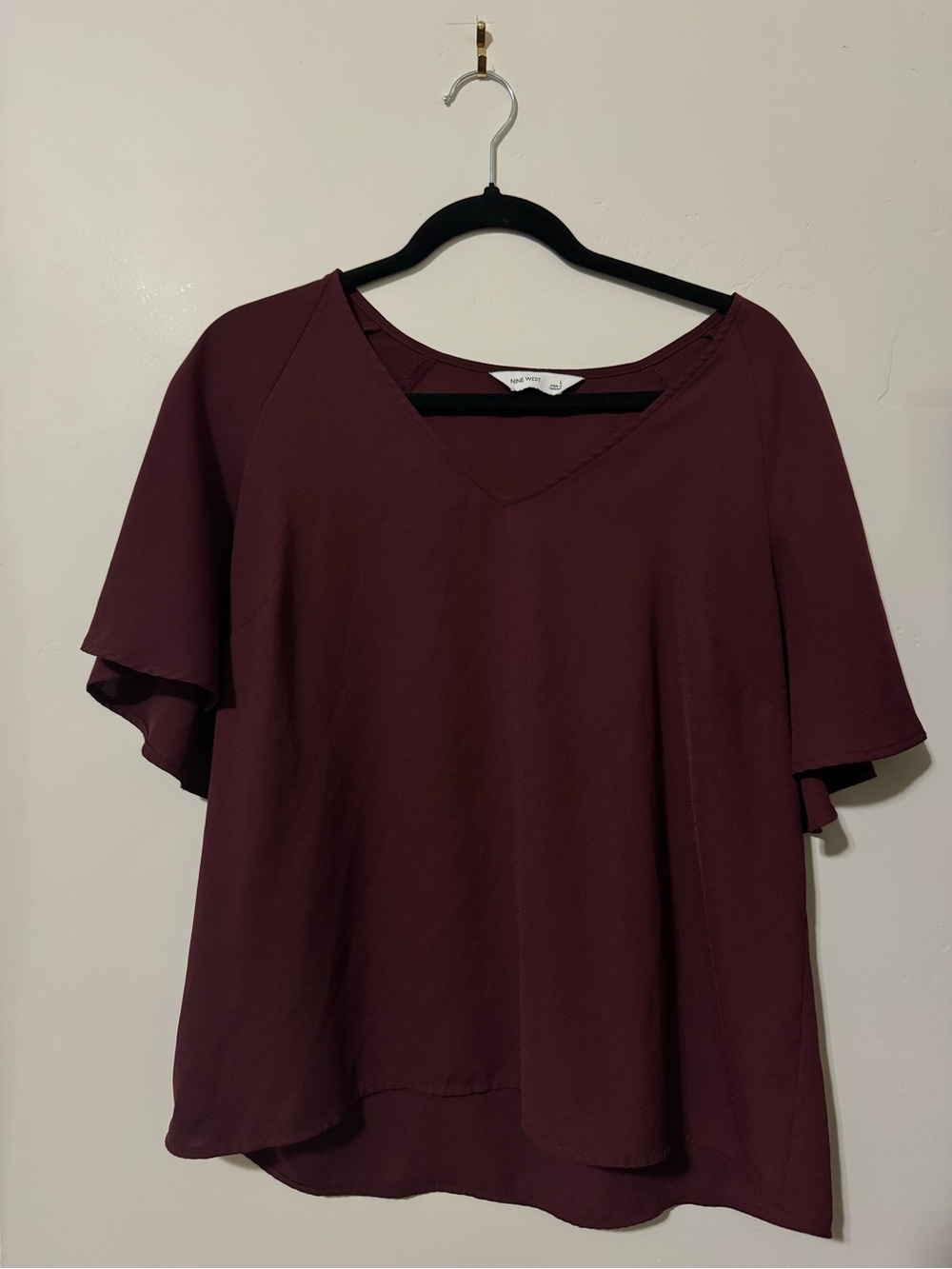 Nine West Burgundy V-Neck Flutter Sleeve Blouse